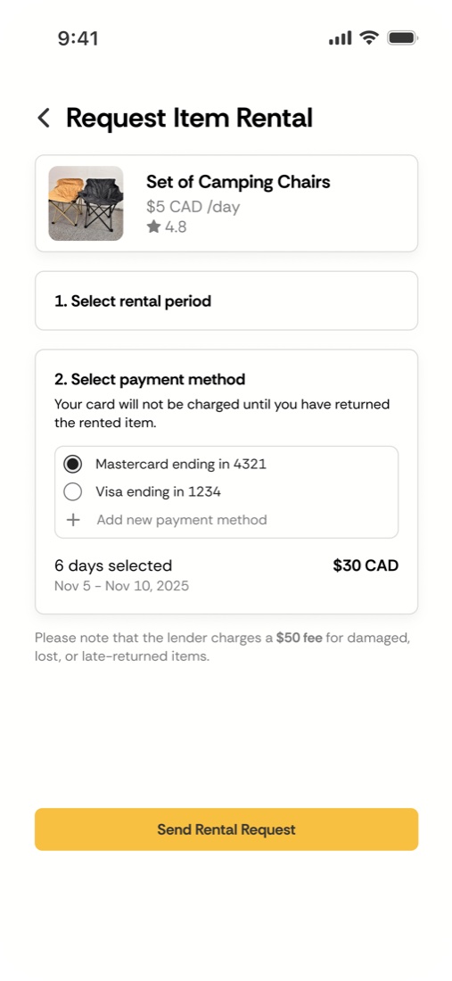 Request Item Rental with a card selected and the Send Rental Request button turned yellow, plus a note about a 50 dollar fee