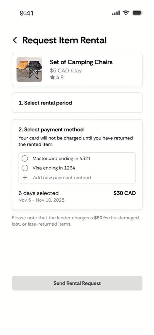 Request Item Rental, step 2: choosing a saved card, with a note that the card isn't charged until the item is returned