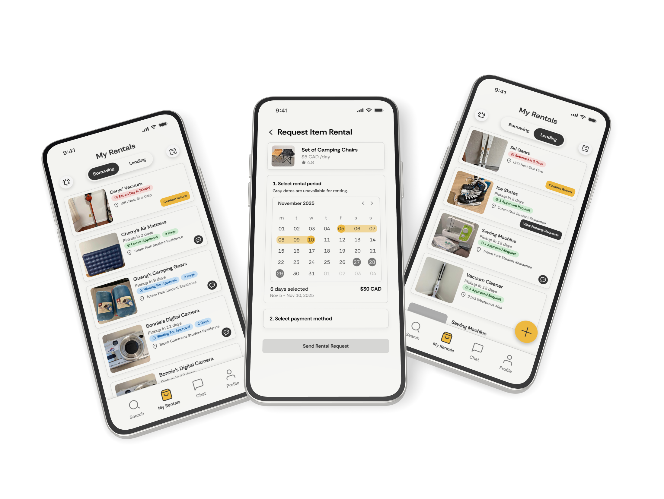 Three Once More app screens on 3D phones: My Rentals borrowing, Request Item Rental, and My Rentals lending